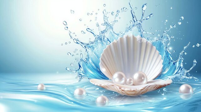 Pearl cosmetics on a scallop shell podium with blue water splashes, white pearls, and wave ripples. Elegant vector showcase for natural beauty products. 