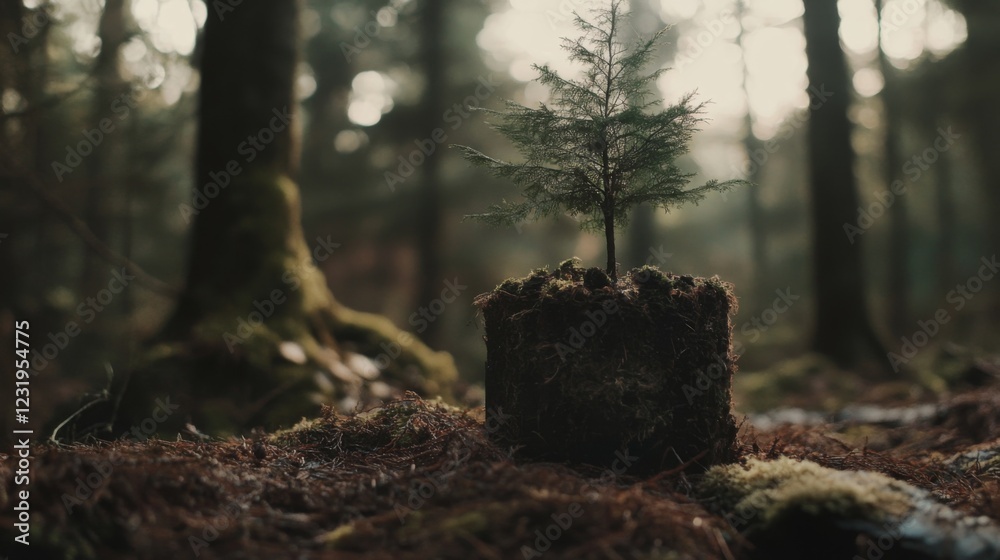 Poster Close-up of a small tree growing out of a biodegradable seedling container placed on the forest floor, with soft light filtering through the trees