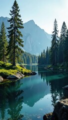 Sunlit glade with towering spruce trees surrounding a lake, trees against sky, reflection, natural scenery