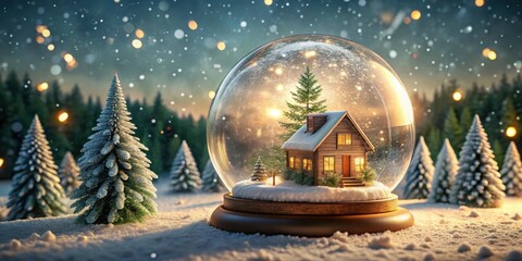 Enchanted Winter Cabin in a Crystal Sphere, Nestled Among Snowy Evergreens Under a Starlit Sky