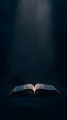 An open Bible on an empty table, illuminated by the soft glow of light from above
