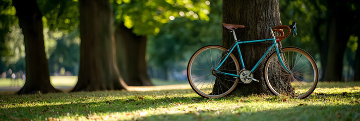 Vibrant blue bicycle in serene park setting