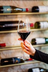 A hand holding a glass of red wine in front of a stylish wine rack. The background features various bottles, showcasing an elegant wine display perfect for a vineyard or restaurant setting.