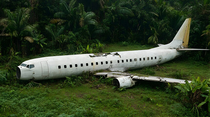 Crashed airplane in jungle; overgrown vegetation. Stock photo