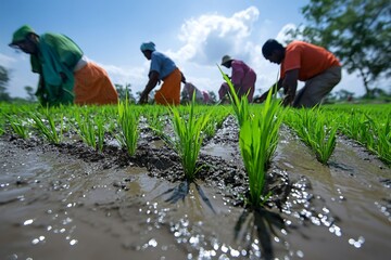 Farmers planting rice shoots in a paddy field in madagascar