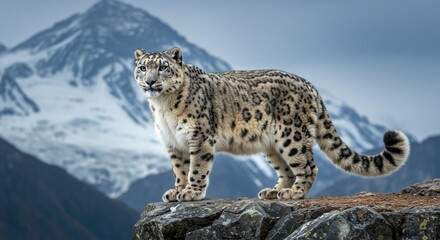 Fototapeta premium a snow leopard standing on a rocky cliff in the Himalayas 