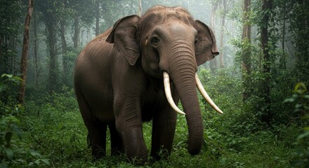 Fototapeta premium African forest elephant foraging in a dense rainforest. Highlight its large ears and textured skin, surrounded by vibrant green plants