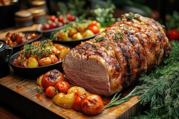 Sliced roast beef with vegetables and side dishes creating a festive holiday meal