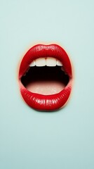 Naklejka premium Sensual open mouth showing perfect white teeth and glossy red lipstick is the protagonist of this beauty and cosmetology conceptual image on a light blue background