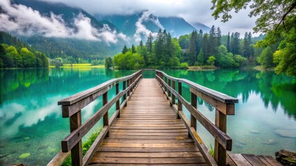 Fototapeta premium Old worn wooden bridge spanning serene turquoise lake surrounded by lush green forest with misty mountains in background , mountain, beautiful landscape