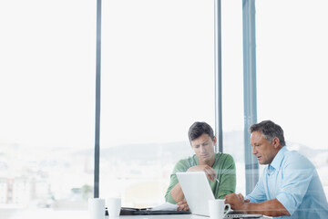 Business people, mature mentor or laptop in meeting for training feedback, research or support....