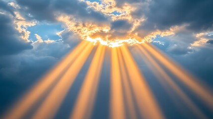 A dramatic cloudy sky with rays of sunlight breaking through dark storm clouds.
