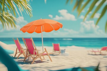 Fototapeta premium beach chairs and umbrella on the beach , Generative AI 