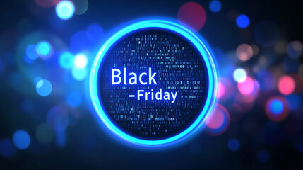 Glowing blue neon ring or futuristic circle with digital binary code and black friday icon, concept vector tech illustration. Hightech optical radiant effect on ultraviolet, technological sale banner