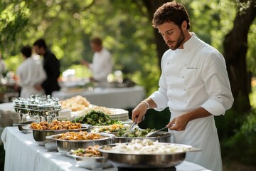 Chef serving food at outdoor buffet during catering event