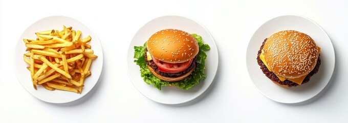 Top view of french fries and two burgers on plates.