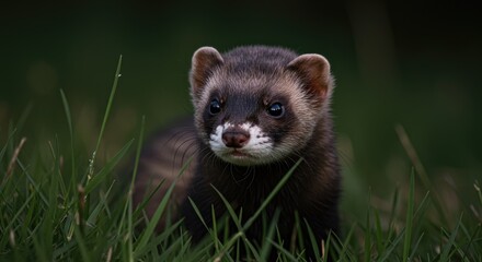 black-footed ferret nestled in tall grass at twilight. Emphasize its delicate features and curious expression, with soft ambient light enhancing the tranquil setting