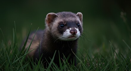 Fototapeta premium black-footed ferret nestled in tall grass at twilight. Emphasize its delicate features and curious expression, with soft ambient light enhancing the tranquil setting