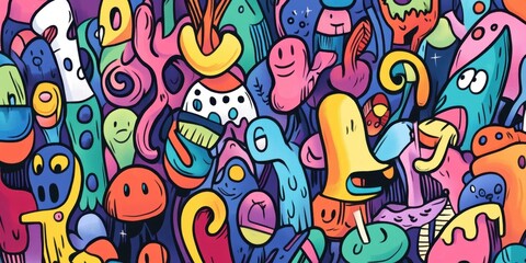 Colorful Doodle Art Featuring Groovy Cartoon Creatures