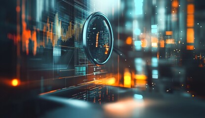 Magnifying glass over digital data and graphs on screen.