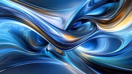 Abstract swirling blue and gold liquid paint.