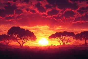 Fototapeta premium African Savanna Sunset Silhouette Landscape