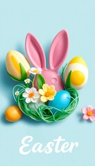 Whimsical Bunny Delight A cheerful pink bunny head adorned with vibrant Easter eggs and blooming flowers against a serene blue backdrop, celebrating the joy of the season.