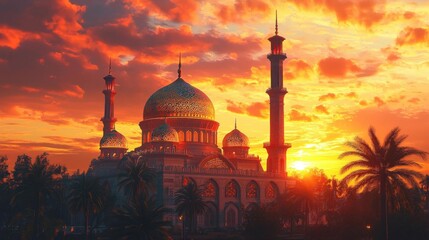 Serene Ramadan Mosque with Vibrant Sky and Swaying Palm Trees 