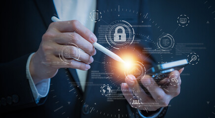 cybersecurity for business managed the document privacy to protection online data by lock icon...