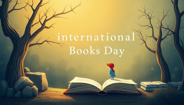 Whispers of Literature A solitary figure in a red hat stands amidst open tomes under the watchful silhouettes of leafless trees, celebrating the magic of International Books Day.