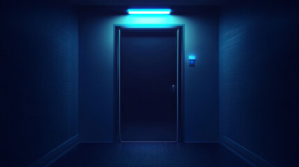 Dark hall with closed metal door and neon blue lamp illumination. Realistic vector illustration of secret laboratory, alien spacecraft, bomb shelter interior with sliding doorway. Futuristic building