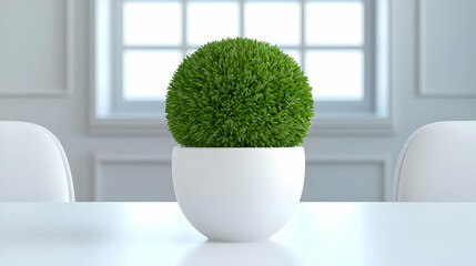 Fototapeta premium Spherical plant in white pot on table, bright room