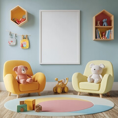3d render of white poster frame on the wall in childrens room, two armchairs and toys around it, wooden floor with carpet, light blue walls, children's bookcase in corner of background, children 