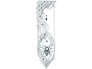Celestial Crystal Bee With crescent Moon, harmony  vertical alignment, Tattoo Line Silhouette.
