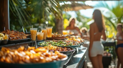 Tourists enjoying tropical buffet with grilled chicken, salads, and drinks