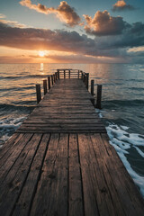 Obraz premium Wooden pier extending into a calm ocean at sunset, peaceful scene