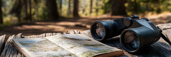 Exploration and adventure with binoculars and map