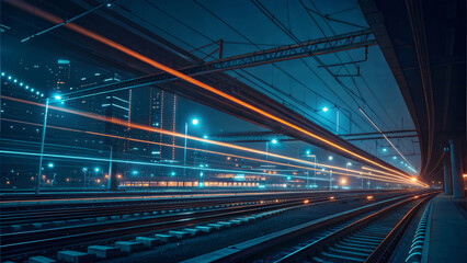 A futuristic cityscape filled with vibrant neon lights and dynamic data streams. Railway corner waiting for the train.