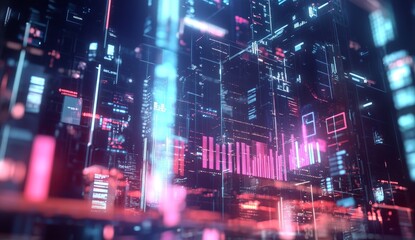 Abstract digital data visualization with glowing lines, graphs, and charts in pink and blue hues.