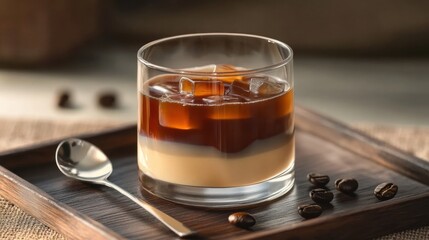 Glass of Japanese Kohi Jelly, elegantly layered with translucent brewed coffee jelly and smooth, chilled coffee. A blurred background of a traditional Japanese cafe