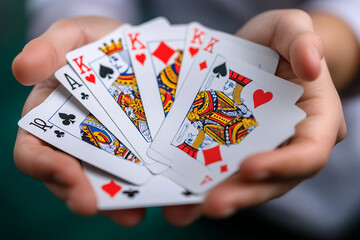 Generative AI image of a magician showcasing card tricks with focused gaze and dramatic lighting