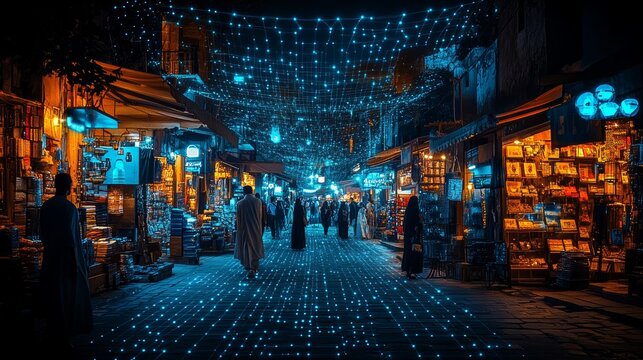 Cairo s Khan el Khalili Market, Illuminated by Blue Lights, Evokes Digital Network, Night Scene