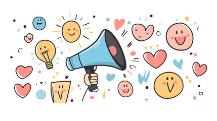 A flat illustration of a hand holding a megaphone, a blue light bulb, hearts, and smiley face symbols, with a black outline on a white background. The style is minimalist, with simple shapes 