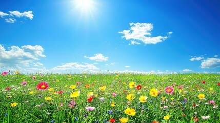 Fototapeta premium Colorful Wildflower Field Under Blue Sky