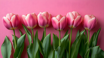Obraz premium Pink flowers are arranged in a row, with their stems sticking out of the ground. The flowers are tall and slender, with green leaves at the bottom