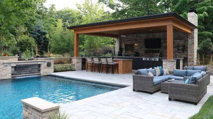Modern outdoor kitchen and living space with pool and waterfall