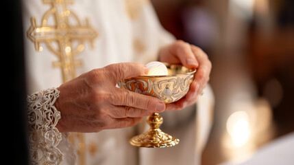 Dłonie księdza trzymające ozdobny złoty kielich podczas ceremonii religijnej - Komunia 
