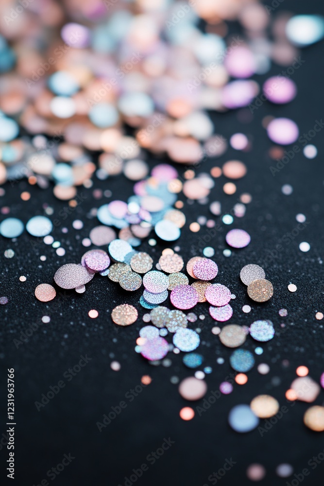 Poster multicolored sequins create a lively display on a clean black or pastel background. soft glowing par