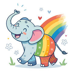 Obraz premium Line art illustration featuring a rainbow gradient of a joyful cartoon elephant with a smiling expression