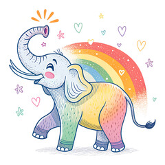 Line art illustration featuring a rainbow gradient of a joyful cartoon elephant with a smiling expression